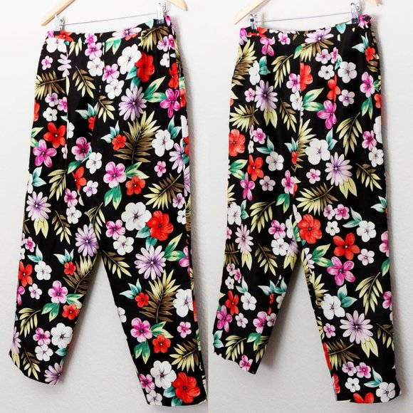 Silkland Women's 12 100% Pure Silk Tropical Vibrant Colorful Floral Pant Black - Picture 13 of 14